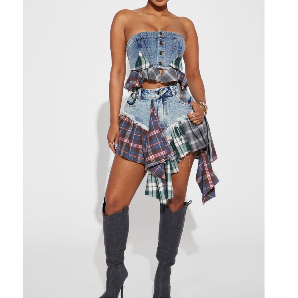 denim plaid skirt